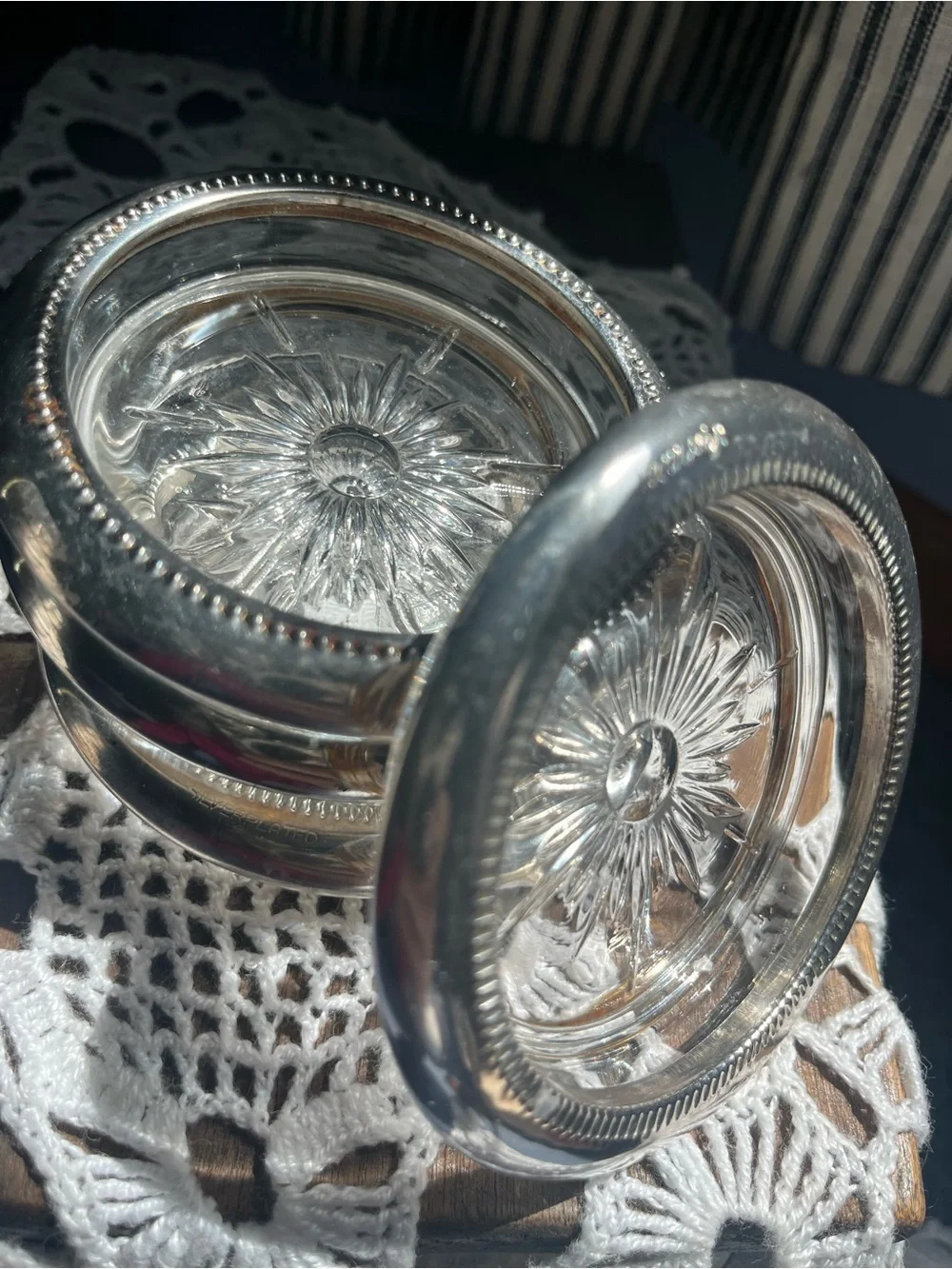 Stacked Silver Glass Coasters - Clear & Silver